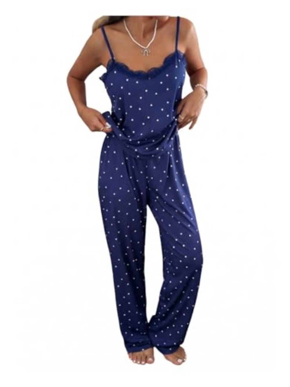 2 Piece Pajama Set Heart Print Lace Trim Cami Pants Sleepwear